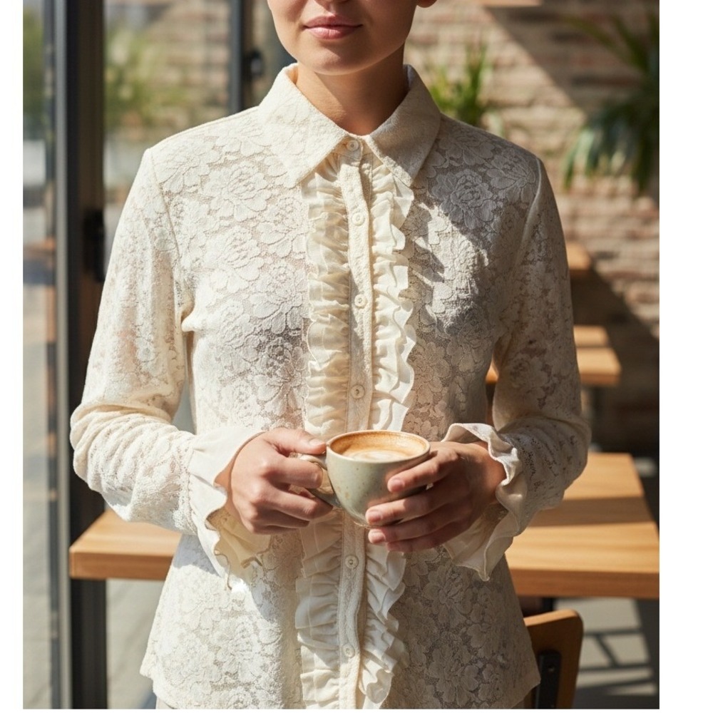 Kate Landry Vintage Lace Ruffle Button Up Shirt Blouse Cream Long Sleeve Women's